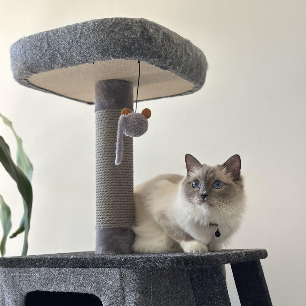 Cattitude Cat Scratch Playground Ramp up Black, 109Cm Height - Cat House, Sisal, Hanging Mouse Pom Poms, Soft Plush Material, Multi-Level Cat Tree image number 1