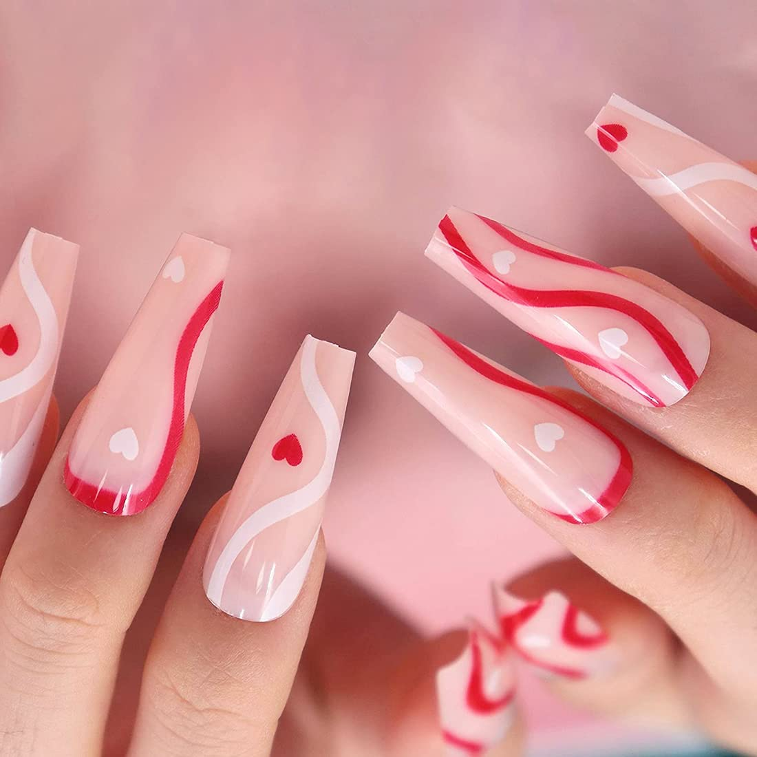 Glossy Pink Ballerina False Nails Long Coffin Press on Nails Full Cover Artificial Nails with Swirl Heart Design for Women and Daily Decoration 24PCS image number 6