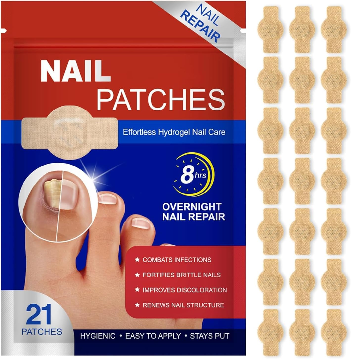 21 Pcs Toenail Fungus Treatment Patches, Extra Strength Nail Repair for Toenails & Fingernails, Nail Repair for Damaged, Discolored Nails, 8-Hour Overnight Nail Fast Acting Repair for Men and Women image number 1