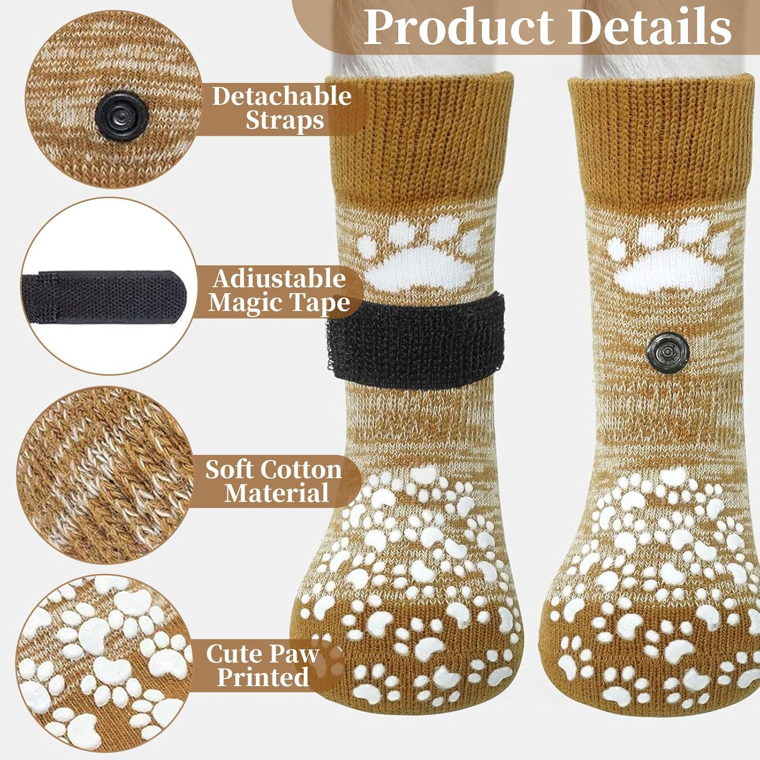 4 PCS Premium Non-Slip Dog Socks for Hardwood Floors &ndash; Anti-Slip Breathable Socks with Extra-Thick Grips & Straps&ndash; Stops Licking, Prevents Slipping & Protects Paws - Ideal for Dogs (Brown, L) image number 2