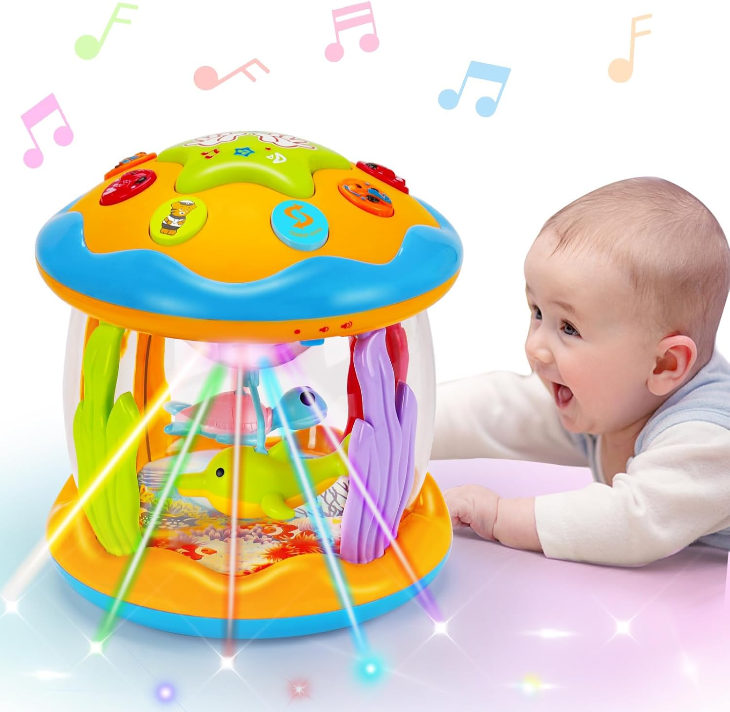 Baby Toys 6 to 12 Months Musical Light up Tummy Time Toy Ocean Rotating Projector for Infant 3-6 7 8 9 12-18 Month Baby Learning Crawling Birthday for 1 2 3 Year Old Boys Girls (Yellow) image number 5