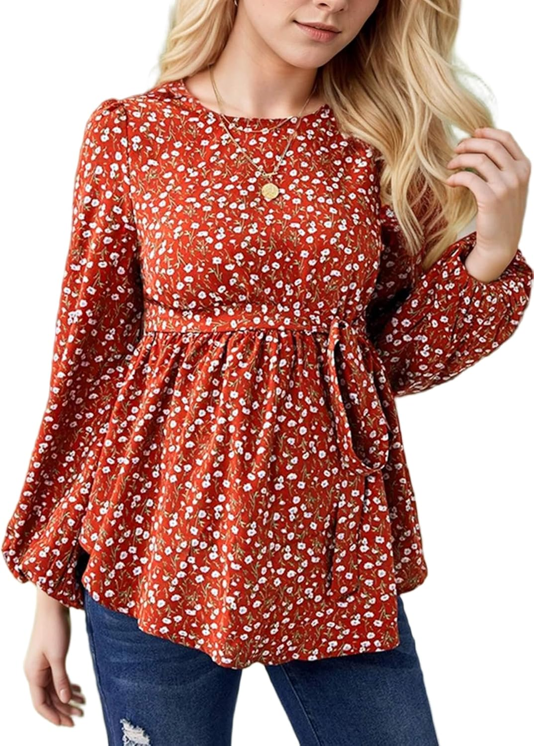 Women'S Maternity Shirt Floral Long Sleeve Belted Pregnancy Peplum Blouse Top