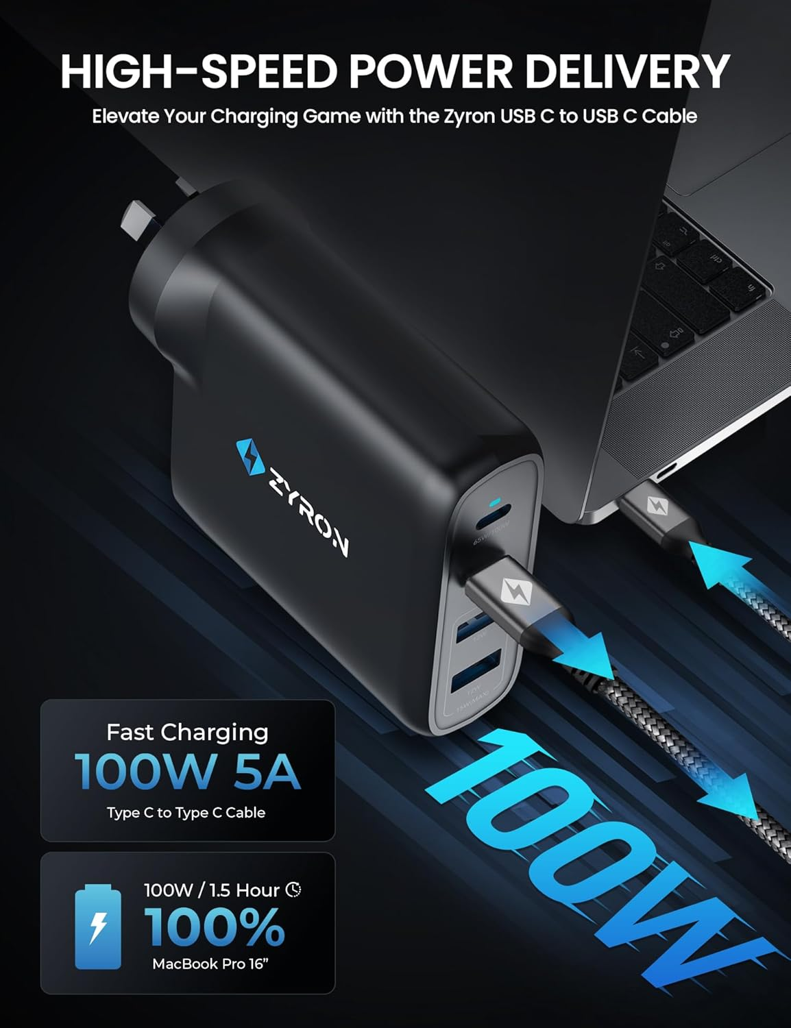 ZYRON 100W USB C to USB C Cable 2M, 2-Pack 5A PD Fast Charging USBC to USBC Wire, Nylon Braided Type C to Type C Cord, 480Mbps Data Sync for Macbook, Ipad, Iphone 16 Pro, S24, Switch (2, Gry, 2M) image number 1