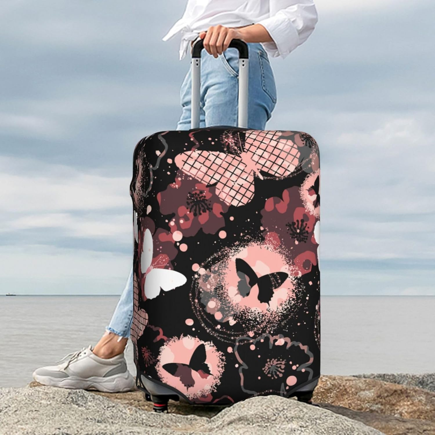 Lukbfall Cute Cats Silhouettes Luggage Suitcase Covers Elastic Washable Black Luggage Protector Travel Suitcase Protective Cover for Kid and Adult,, Butterflies #01, M (Fit 22-24 Inch Luggage) image number 6