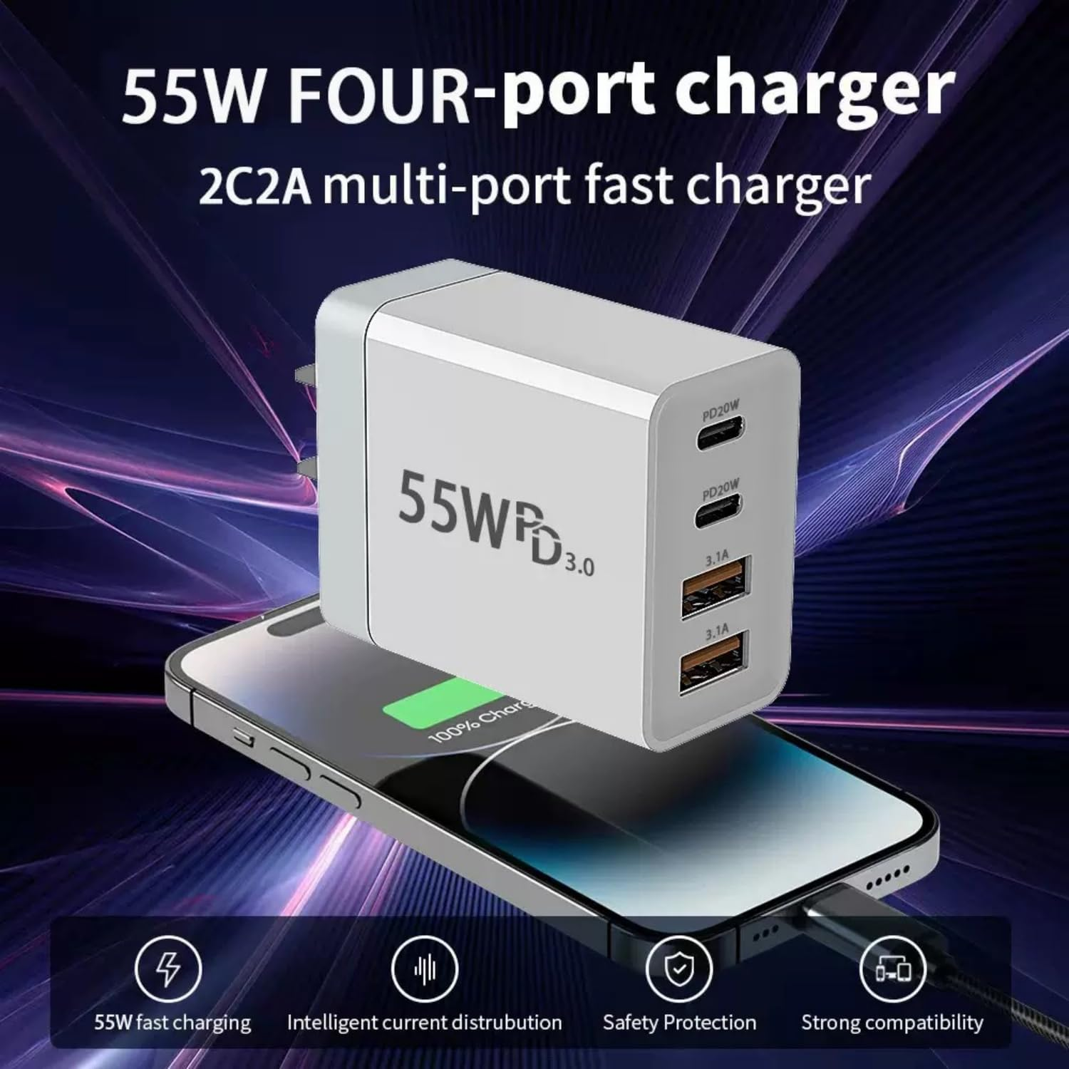USB C Fast Charger 55W, 4Port USB Wall Charger AU Plug PD QC 3.0 Multiport USB Power Adapter Fast Charging Block for Iphone 15/14/13/12,Ipad Pro, Macbook, Galaxy S24/S23 image number 4