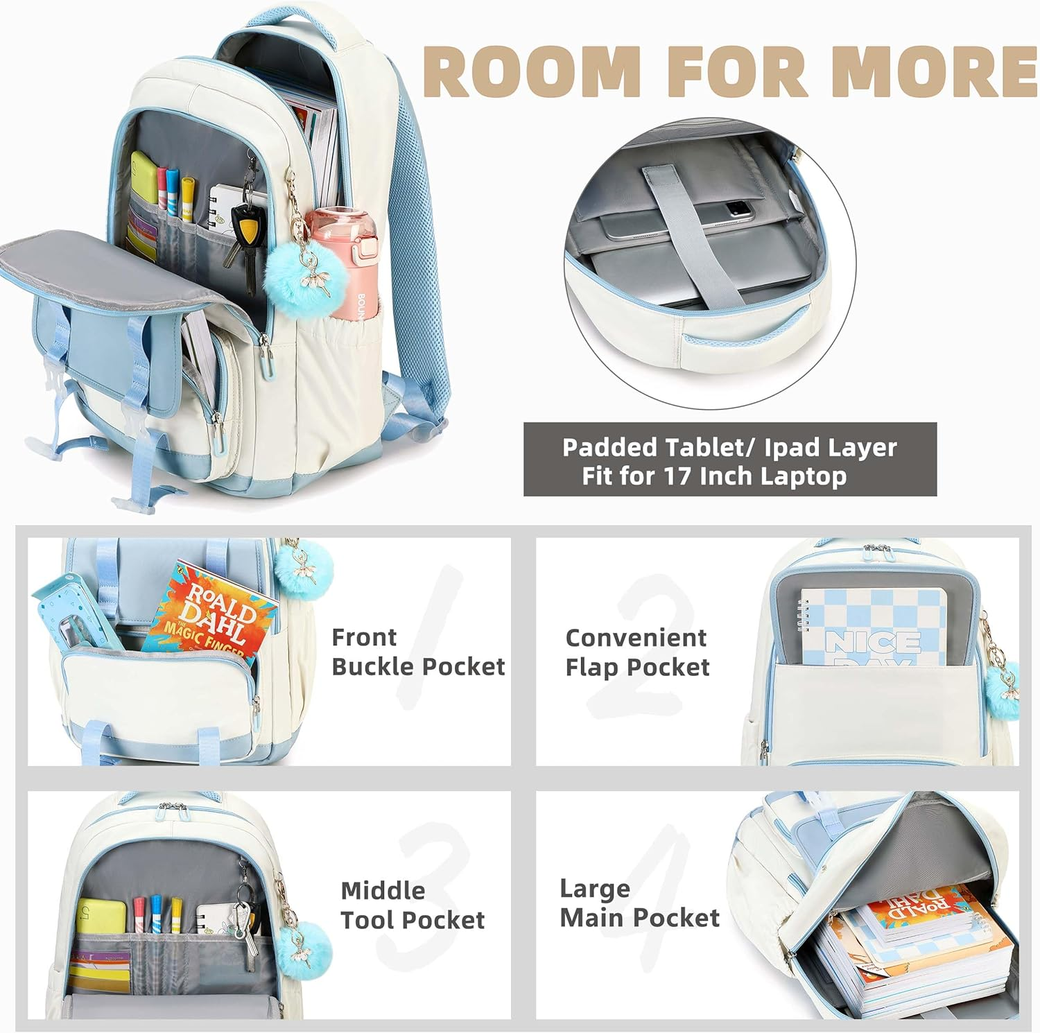 AO ALI VICTORY School Backpack for Teens Girls Women 15.6 Inch Laptop College Travel Work Backpacks Kids Elementary Bookbag - Blue image number 4