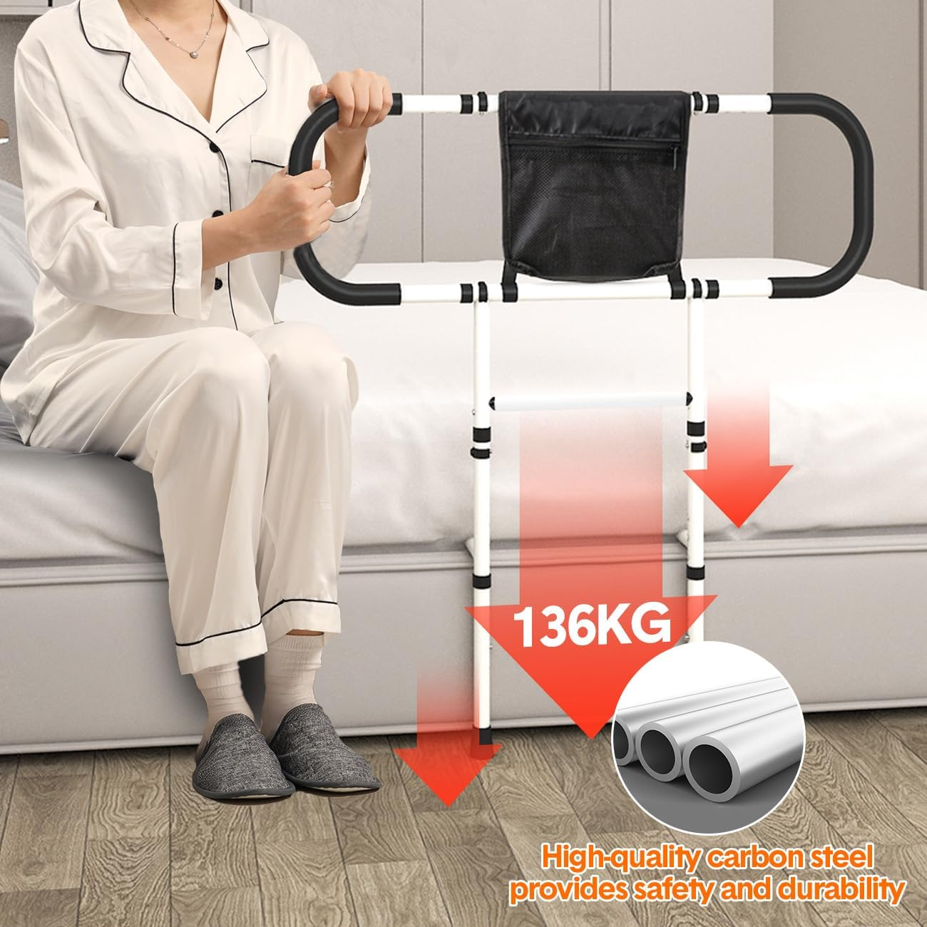 Bed Rails for Elderly Adults Safety Assistance, Bed Guardrails for Elderly Stand Adjustable Width and Height, Foldable Bedside Support Rail Bed with Pocket and Grab Bar image number 2