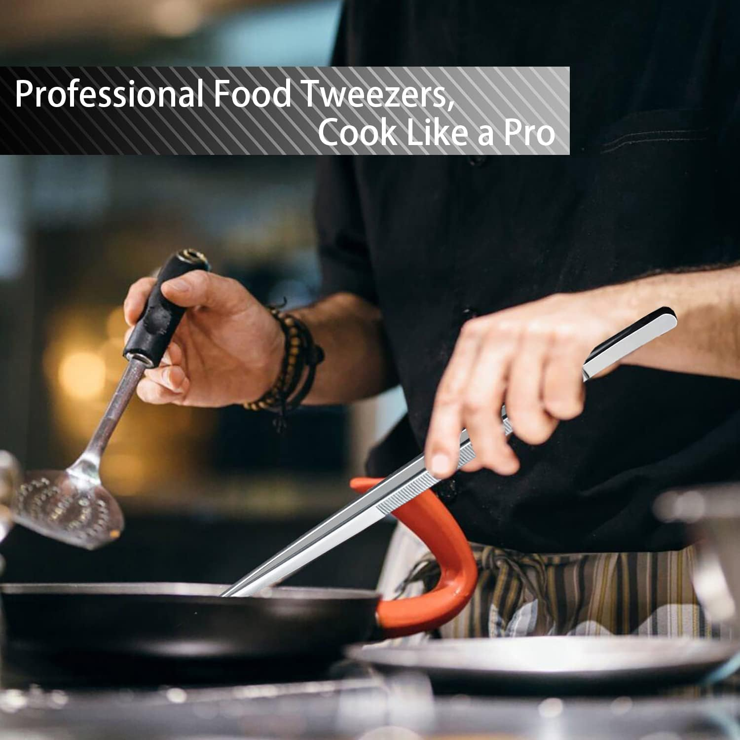 JETKONG 4 Pcs Kitchen Tweezers Tongs Stainless Steel Cooking Tweezers Set, Professional Kitchen Long Tweezer for Cooking, Repairing, and BBQ (10+12-Inch, Silver) image number 6