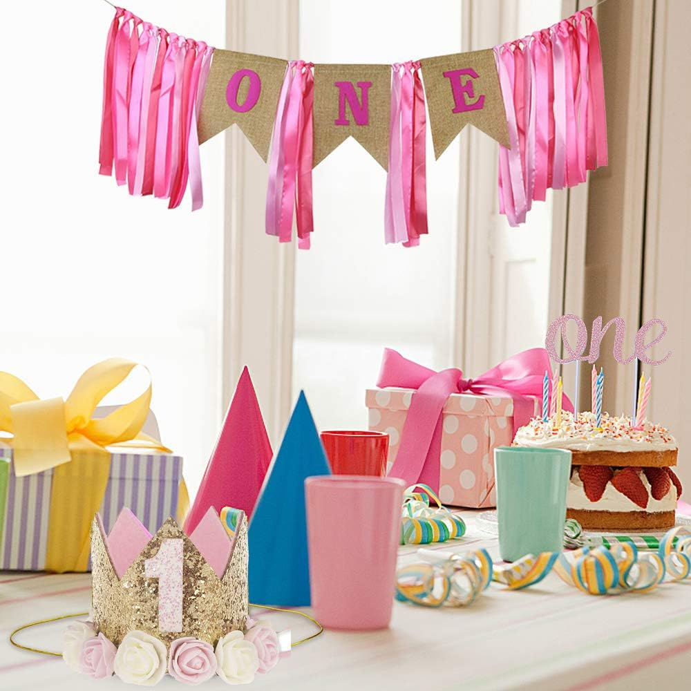 Baby Boy Girl First Birthday Crown - Number 3 Headband Little Prince Princess Hat Sparkle Gold Style 3Rd Decorations Tiara Crown Cake Smash Photo Prop, Girl Pink image number 1