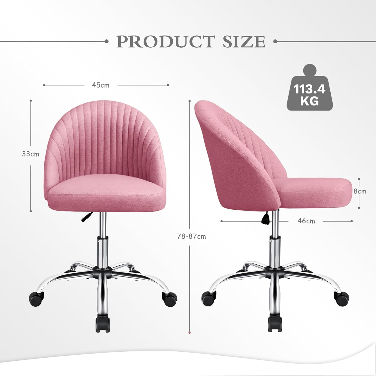 Office Chair Mid-Back Armless Swivel Task Chair with Adjustable Height, Modern Fabric Upholstered Desk Chair with Wheels, Vanity Chair for Home Office, Bedroom, Living Room (Pink) - Grey image number 3