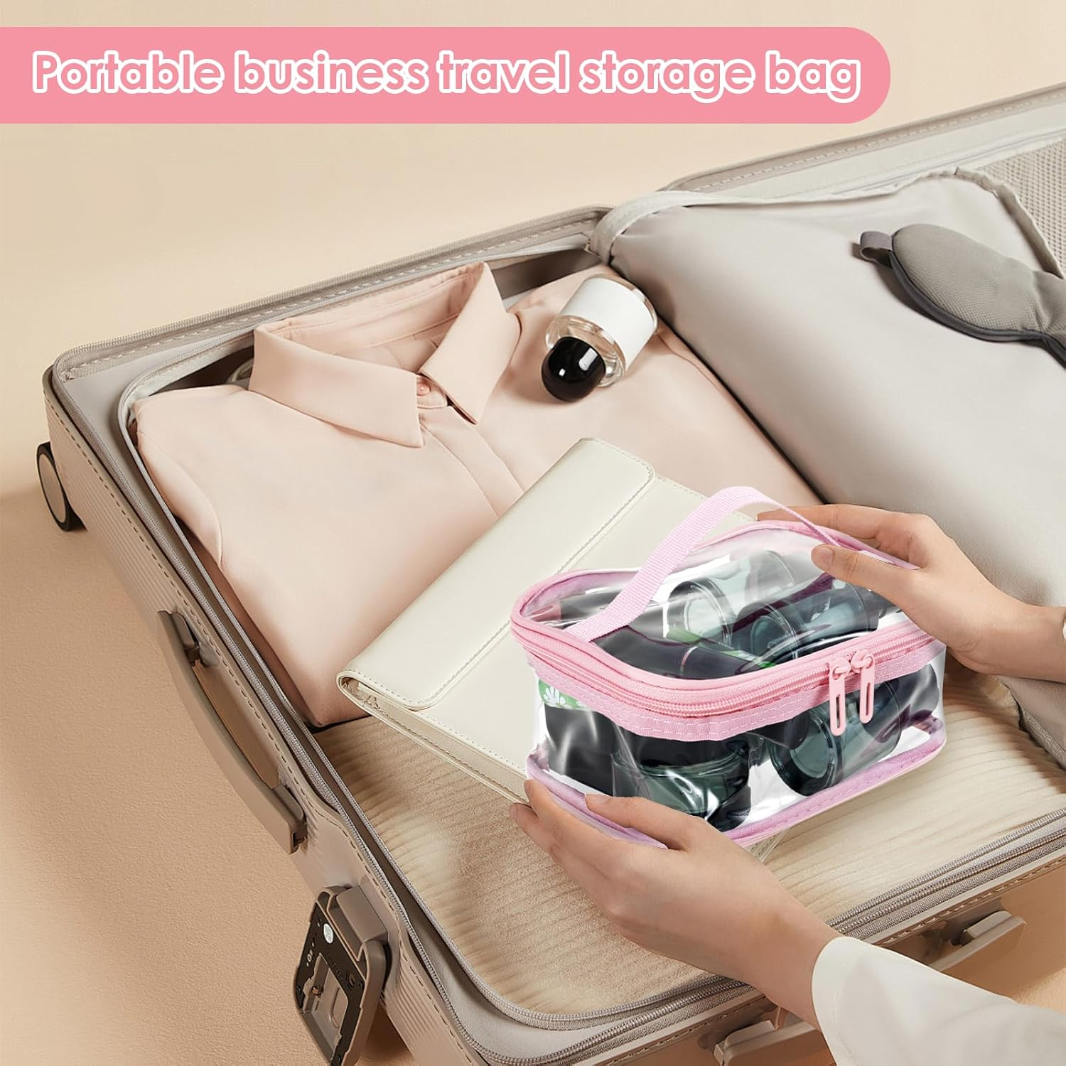 Makeup Bag Clear Toiletry Bag Travel Essentials Cosmetic Bag for Women Portable Traveling Carry on Airport Airline Compliant Bag (Pink)