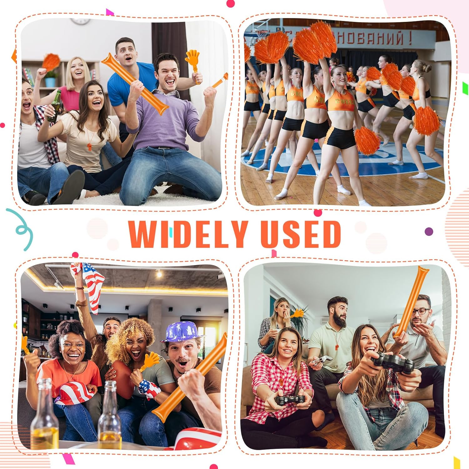 48 Pcs Cheerleading Pom Poms Thunder Sticks Hand Clappers Plastic Whistles with Lanyards Squawker Horns image number 4