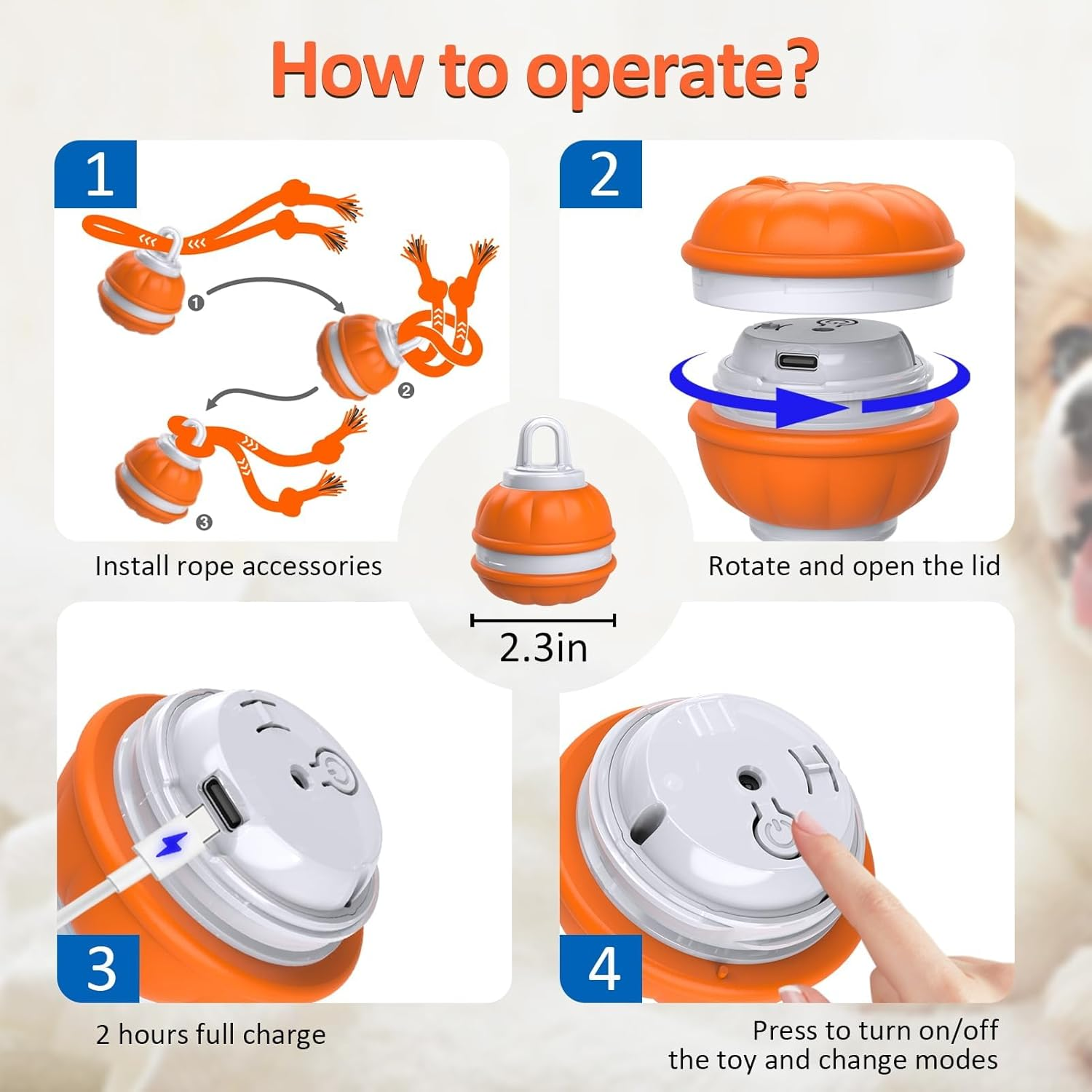 Touch Activated Dog Ball Toys, USB Rechargeable Squeaky Interactive Rolling Dog Toy Balls, Automatic Moving Wicked Ball with Fun Rope for Medium Small Dogs Puppy Pets - Orange image number 2