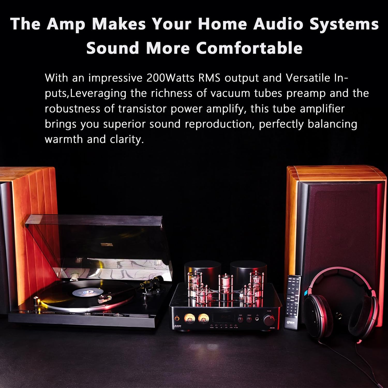 Juson Audio JTA100 200W Vacuum Tube Amplifier Integrated Hybrid with BT 5.0 Optical AUX RCA Phono Input and Headphone Output 2.1CH Class AB Hifi Home Audio for Turntable