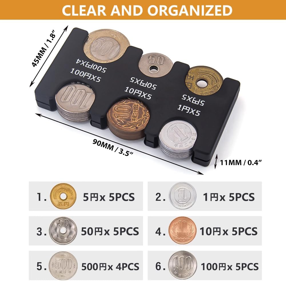 Japanese Yen Coin Holders Hard Case Organizer, Portable Coin Dispenser with 6 Slots Rectangle Plastic Coins Sorter Collection Wallet for Travel Car Coins Storage (Black +Transparent) image number 1
