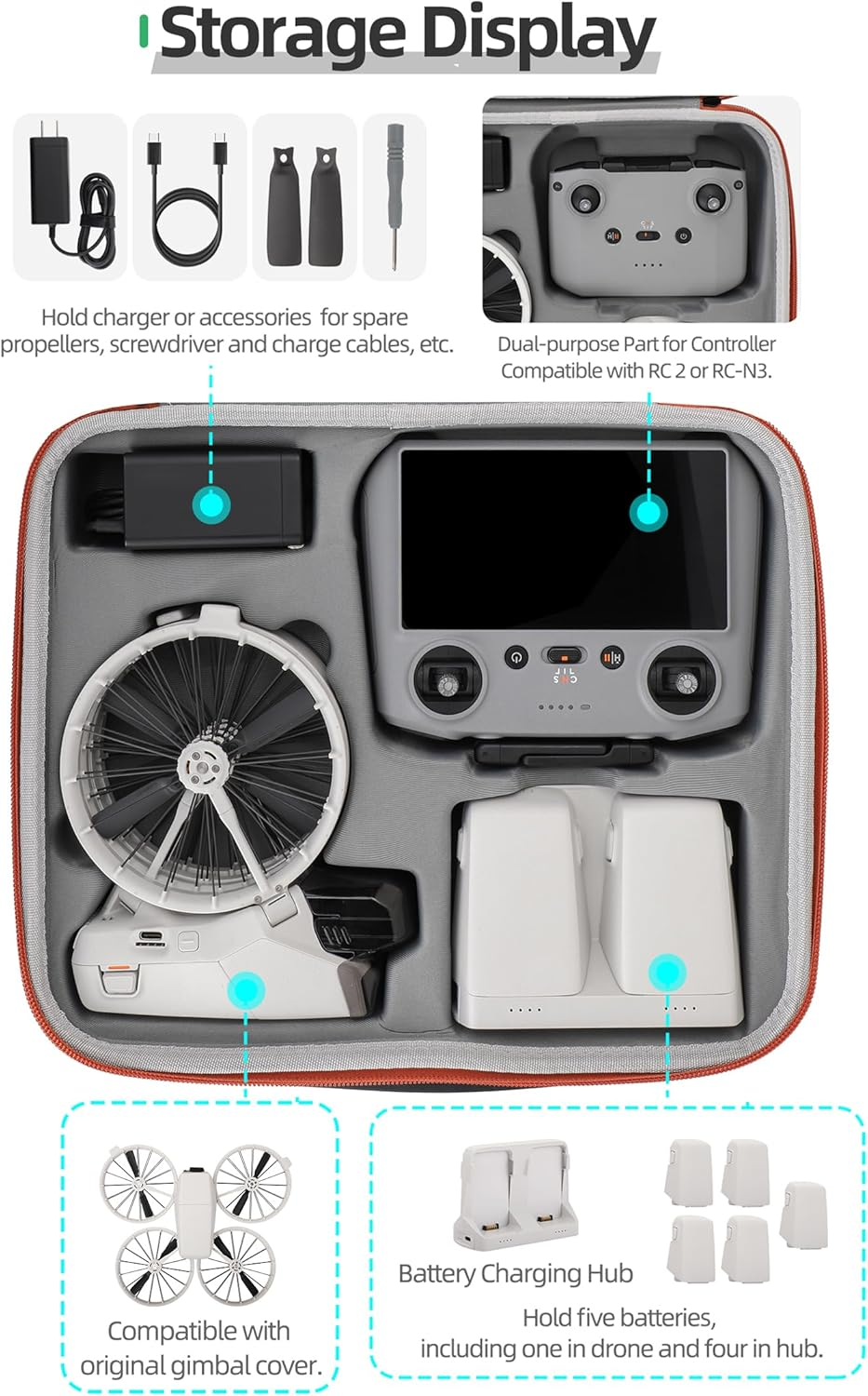 Carrying Case for DJI Flip, Portable Travel Shoulder Bag for DJI Flip Accessories, Fits RC 2/RC-N3 Remote Controller (Black) - Grey image number 7