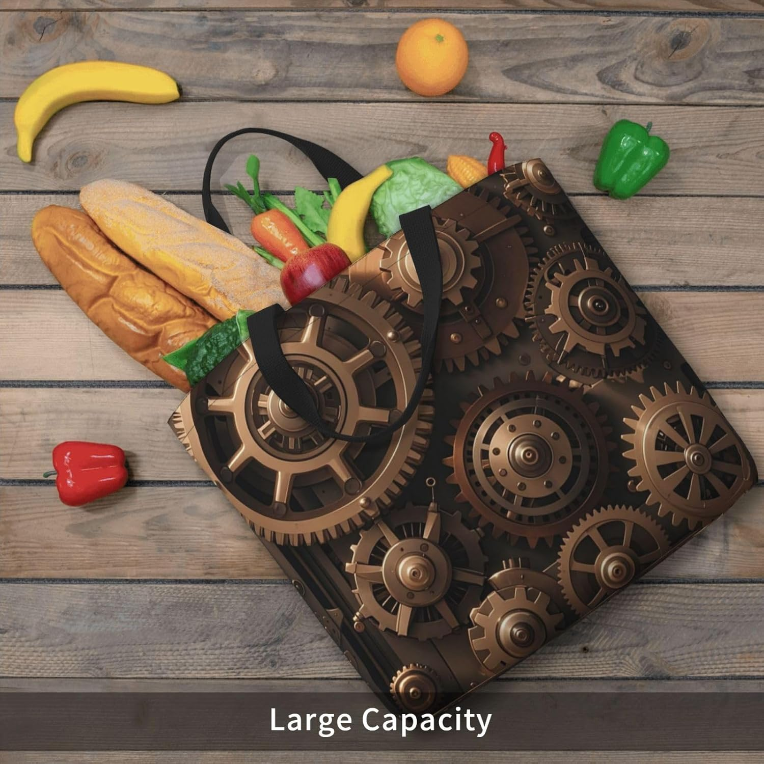 STVYUKL Steampunk Mechanical Gears Tote Bag for Women Casual Portable Shopping Handbags with Zipper Inner Pocket Reusable Waterproof Beach Grocery Bag for Shopping Travel Work, Black, One Size image number 5