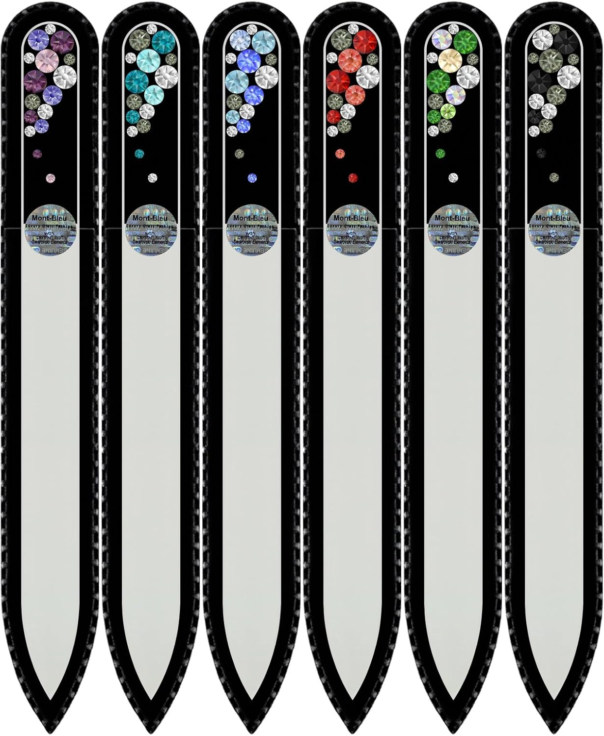 Mont Bleu Gift Set of 5 + 1 Free Czech Glass Nail Files Hand Decorated with Crystals from Swarovski - Handmade - Czech Tempered Glass - Lifetime Guaranty - Best Crystal Nail Files for Natural Nails