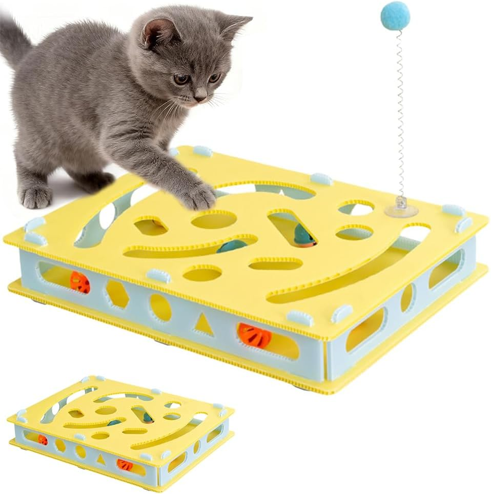 Interactive Cat Puzzle Toy &ndash; Digging Maze Game with Bell Track & Spring Balls, Boredom Relief Toy for Indoor Cats & Kittens, Mental Stimulation & Exercise Training, 15.75X11.81X1.97In, Yellow image number 2