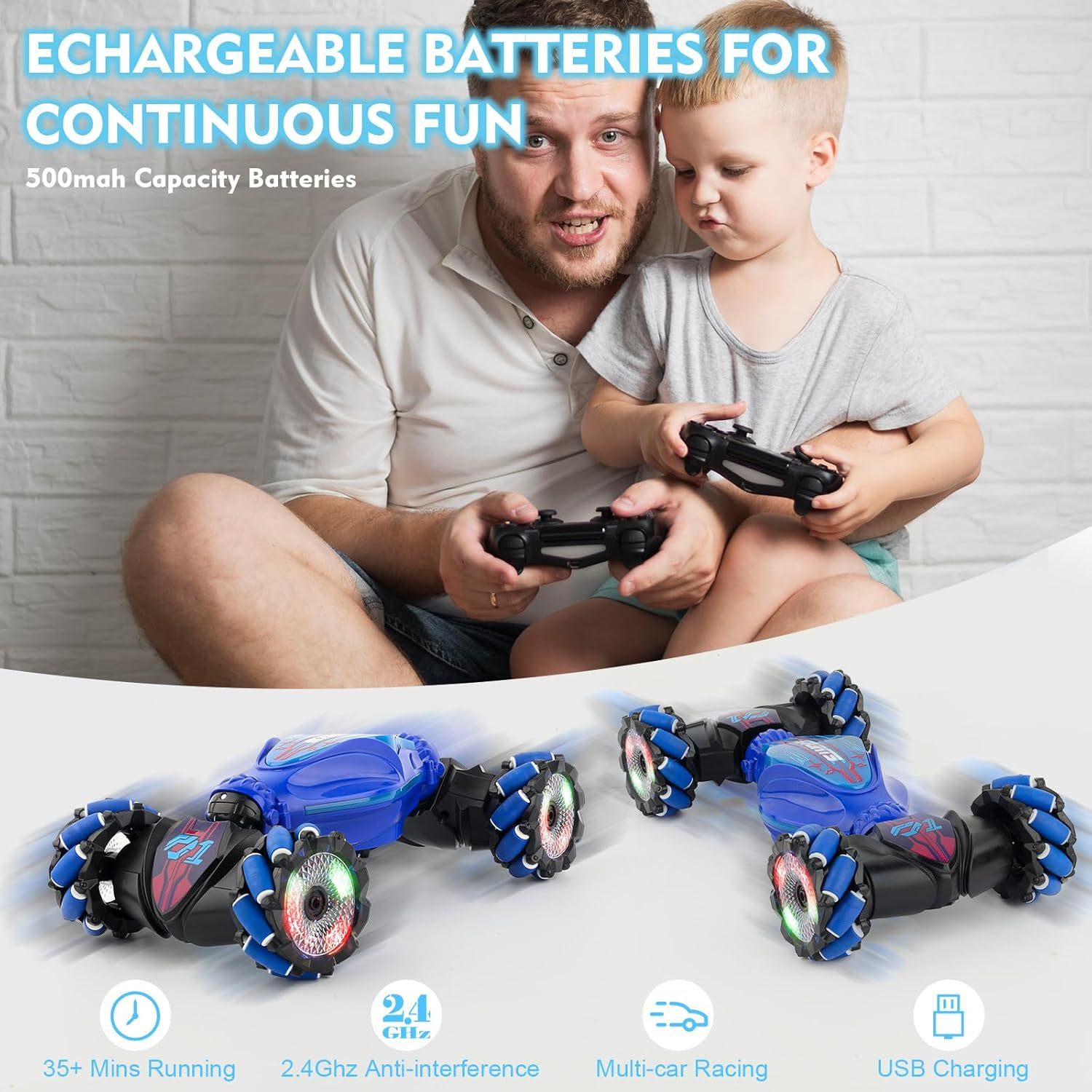 Gesture Sensing RC Stunt Car, 4WD Remote Control Transform Hand Controlled Car- 360&deg; Flips & Drifts, LED Lights, Remote Control Car for Kids Ages 6+ (Durable Design, Rechargeable Battery)