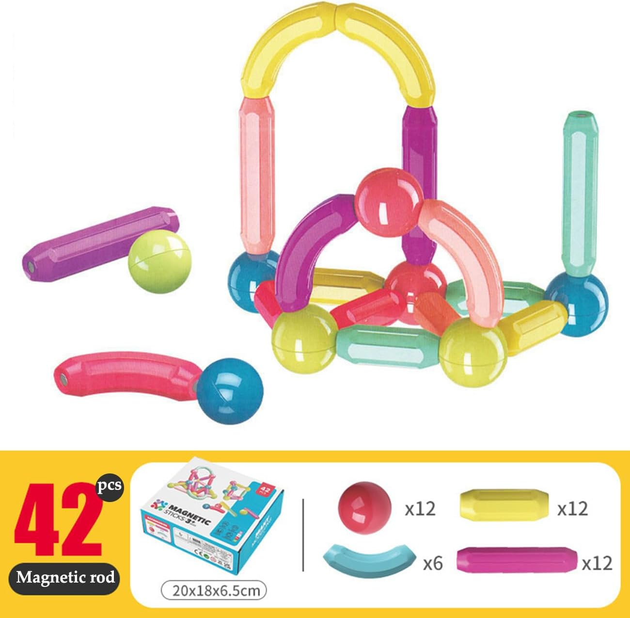 Toddler Magnetic Blocks Building Toys, Kids Montessori Toys for 3+ Year Old Girls Boys, Educational Magnetic Sticks and Balls Preschool Toys, Construction Sensory Toys Gifts (42Pcs Color Box)