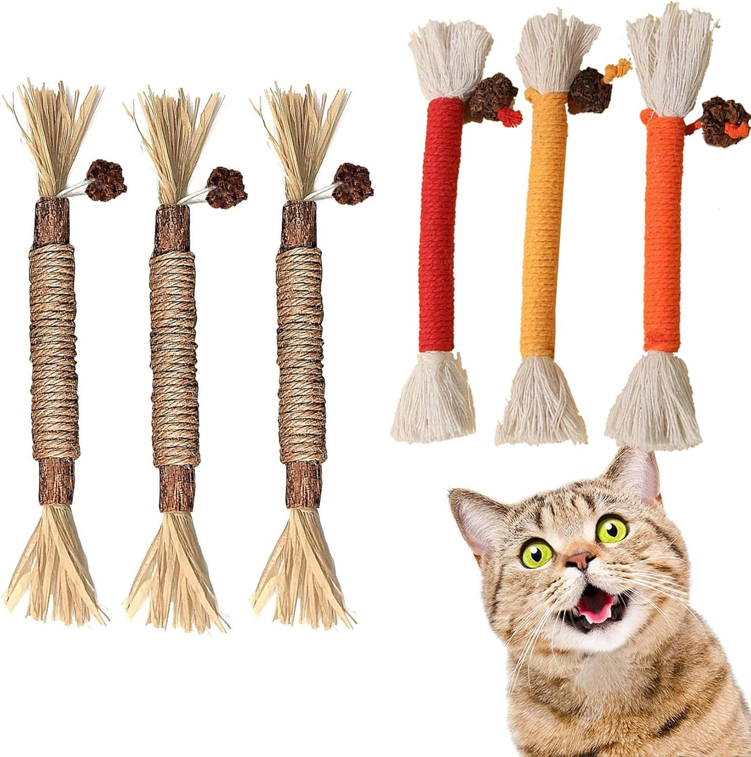 6PCS Catnip Molar Scratch Toys, Self Play Extended Cat Cotton Rope Toys with Silvervine Fruit, Natural Catnip Kittens Cat Chew Toy for Teeth Cleaning, Interactive Cat Dental Stick for Cat Kitty image number 4
