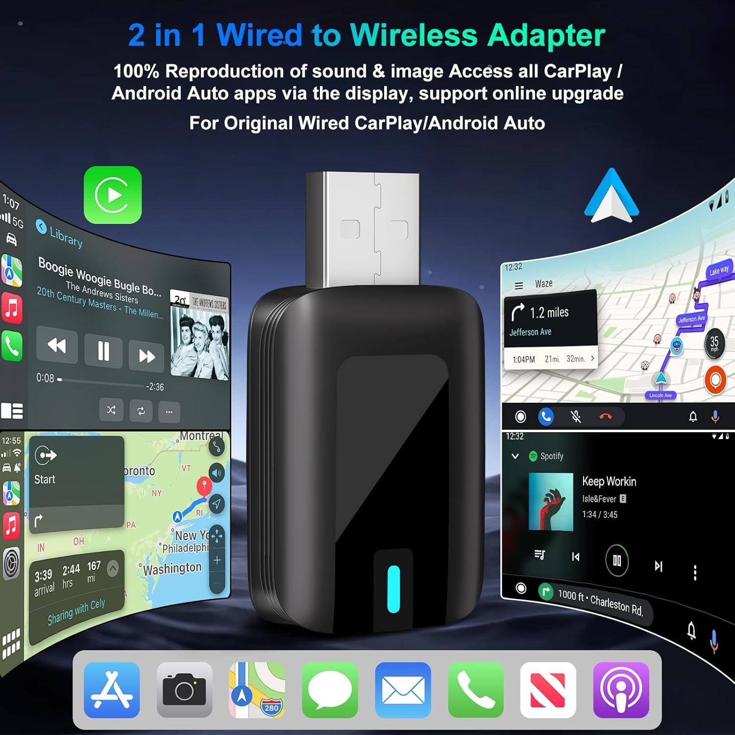 2 in 1 Wireless Carplay Adapter Plug & Play Magic Link Carplay Stable Fast Connect, Convert OEM Wired to Wireless Carplay Dongle/Android Auto Adapter for Cars 2016+, Iphone Ios 10+/Android 11+ image number 4