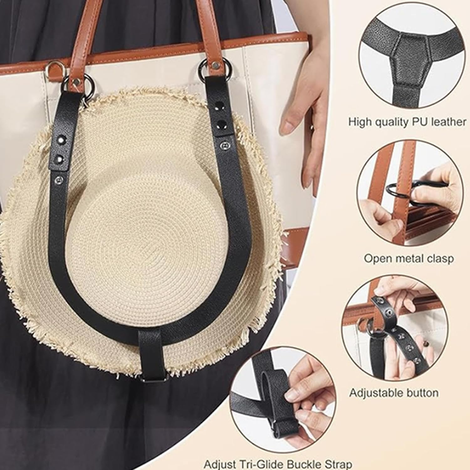 Hat Harness Clip - Portable PU Leather Travel Hat Organizer, Lightweight Design, Easy Installation | Carrier Strap Sun, Backpack and Luggage Storage, Hiking, Camping, Travel Buddy image number 5