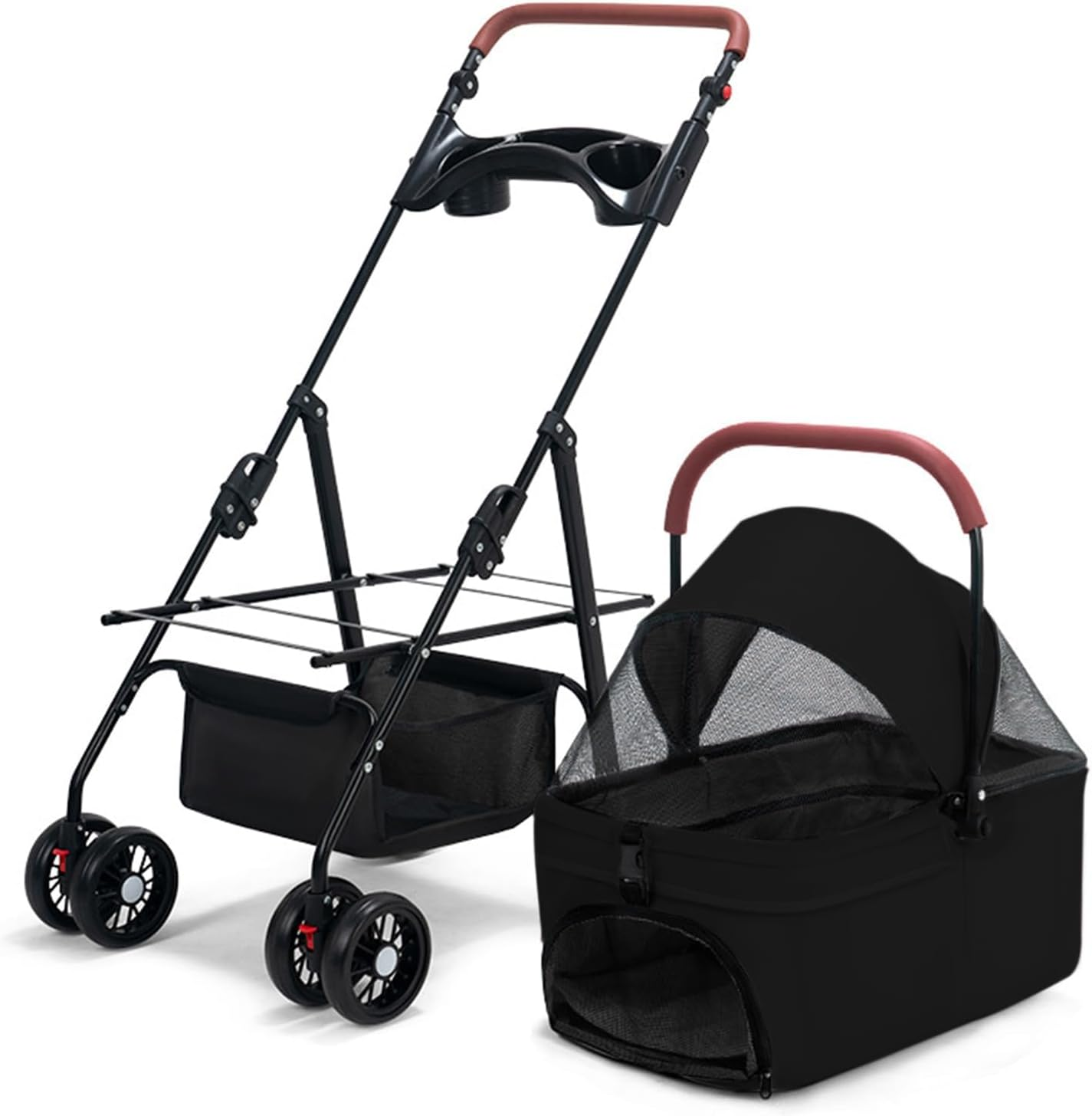 Pet Stroller-Folding 4 Wheels Cat/Dog Stroller for Medium Small Pets with Storage Basket and Cup Holder Suitable for Going Out and Traveling (Black) - Black image number 4