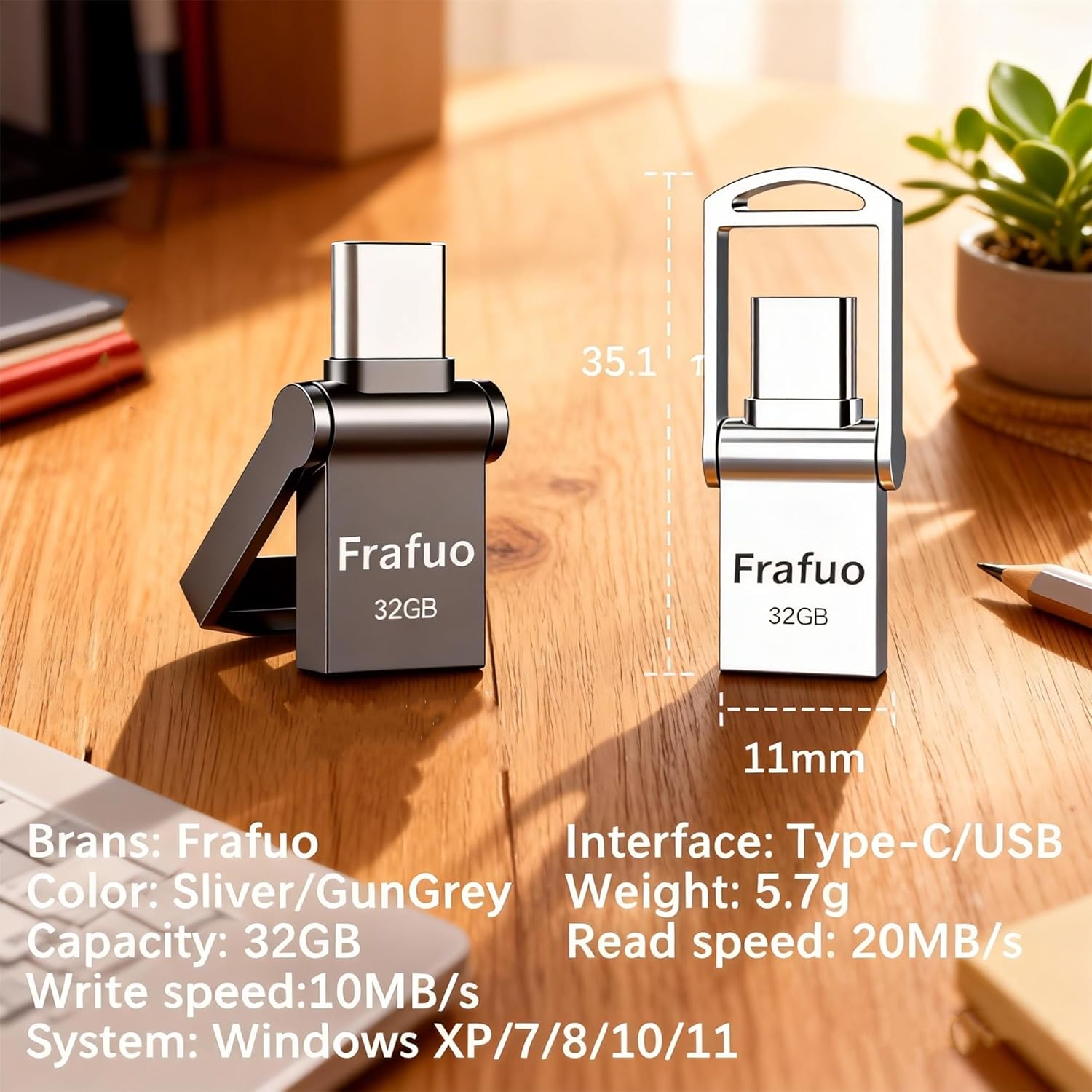 2 Pack 32GB Ultra Dual Drive USB Type-C Flash Drive, 2-In-1 Type-C & USB 2.0 Memory Stick for Smartphones, Tablets, Computers, Android Devices(1 Sliver 1Gun Grey) image number 6