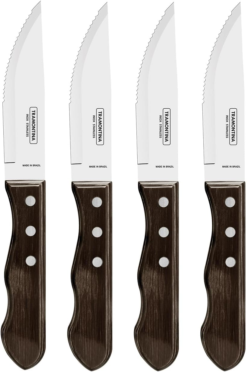 Tramontina Jumbo Steak Knife Set, Stainless Steel, Dishwasher Safe, Real Wood Handles, FSC, (4 Pieces, Brown), 25.5