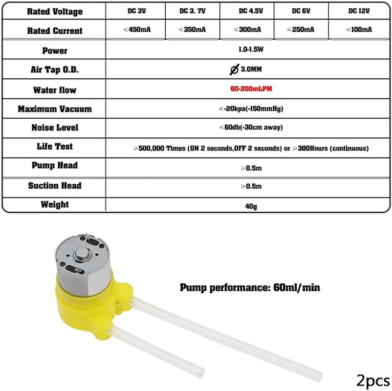 WADY 2Pcs 12V DC Peristaltic Dosing Pump, 60Ml/Min Low Flow Liquid Transfer Pump with Quick Connector for Aquarium, Laboratory Analytical Equipment, Small Precision Dosing Head image number 4