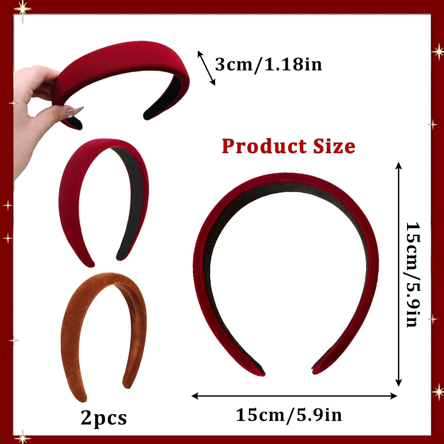 KASESSS 2 Pcs 3Cm Velvet Wide Headbands for Women, Fashion Accessories Headband, Elastic Head Bands Non-Slip Hair Accessories, Caramel Brown Burgundy Headbands for Girls, Head Band for Daily Party image number 5