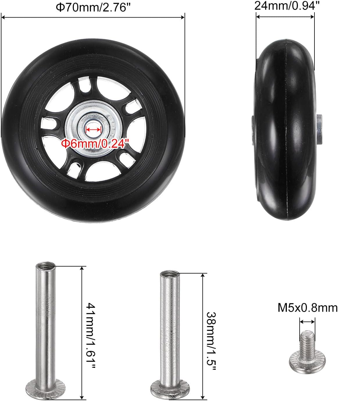 Sourcing Map Replacement Luggage Wheels 70X24Mm Suitcase Wheel Repair Kits Include 2 PU Bearing Wheels & Washers, Wrenches & Axle Screw for Trolley Bag, Inline Skate and Caster Board image number 2