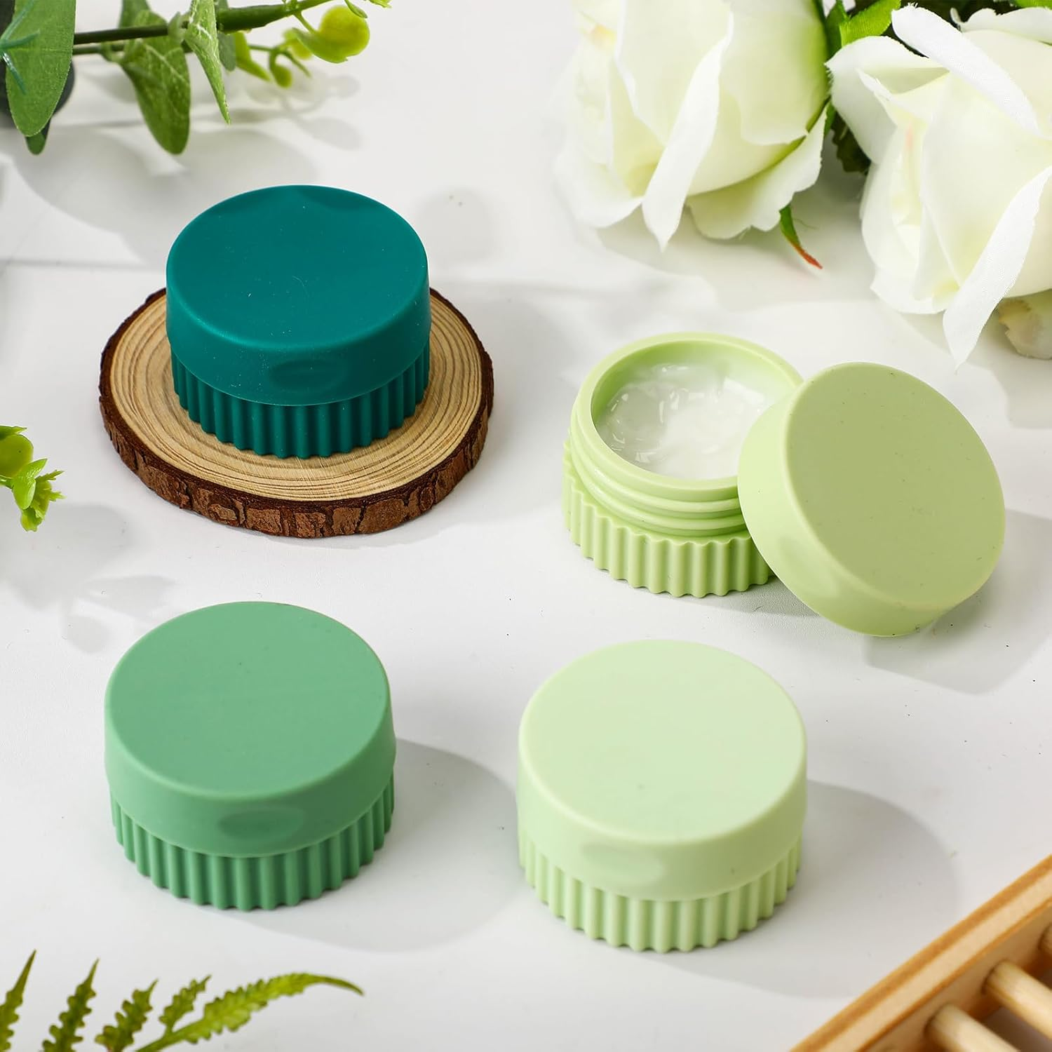 Maxcheck 4 Pcs Travel Containers for Toiletries 0.68 Oz/20 Ml Small Silicone Cream Jar with Lid Mini Leakproof Lotion Jar Refillable Travel Cosmetic Container for Face Body Skin Cream (Green Color) - Neutral Color Quatrain image number 7