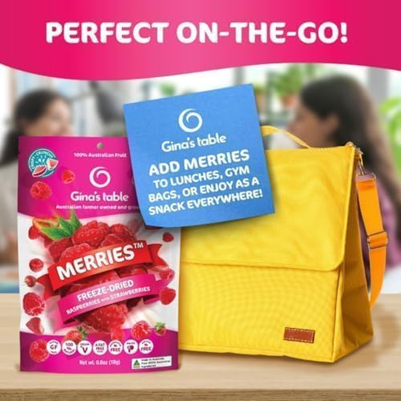 Gina&rsquo;S Table Merries &ndash; Freeze Dried Raspberries & Strawberries &ndash; Healthy Fruit Snack for Everyone, 100% Australian Farm Fruit, No Added Sugar, Rich in Antioxidants & Fibre, Low Calorie, Vegan &ndash; 10 X 18G Value Pack image number 3