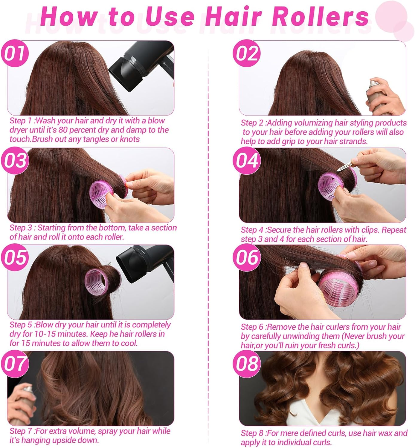 Jumbo Hair Curlers Rollers, 12Pcs 60Mm Jumbo Hair Roller Curlers Self Grip Holding Rollers with 12Pcs Hair Clips for Long Straight Thick Hair (Rose Red)