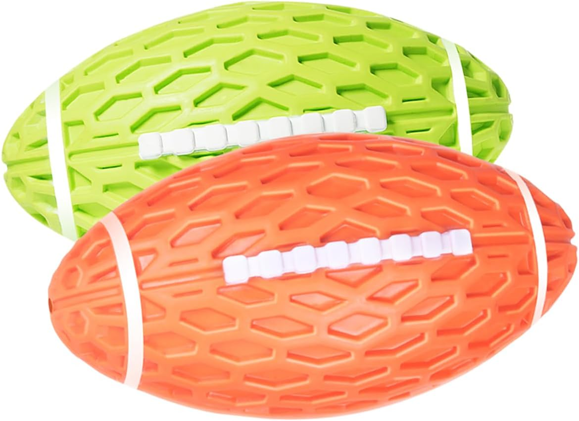 AUSCAT 2PCS Squeaky Dog Football Toy for Aggressive Chewers, Tough Rubber Dog Ball for Medium Large Dogs, Green and Orange, Large, 5.5"/14 Cm