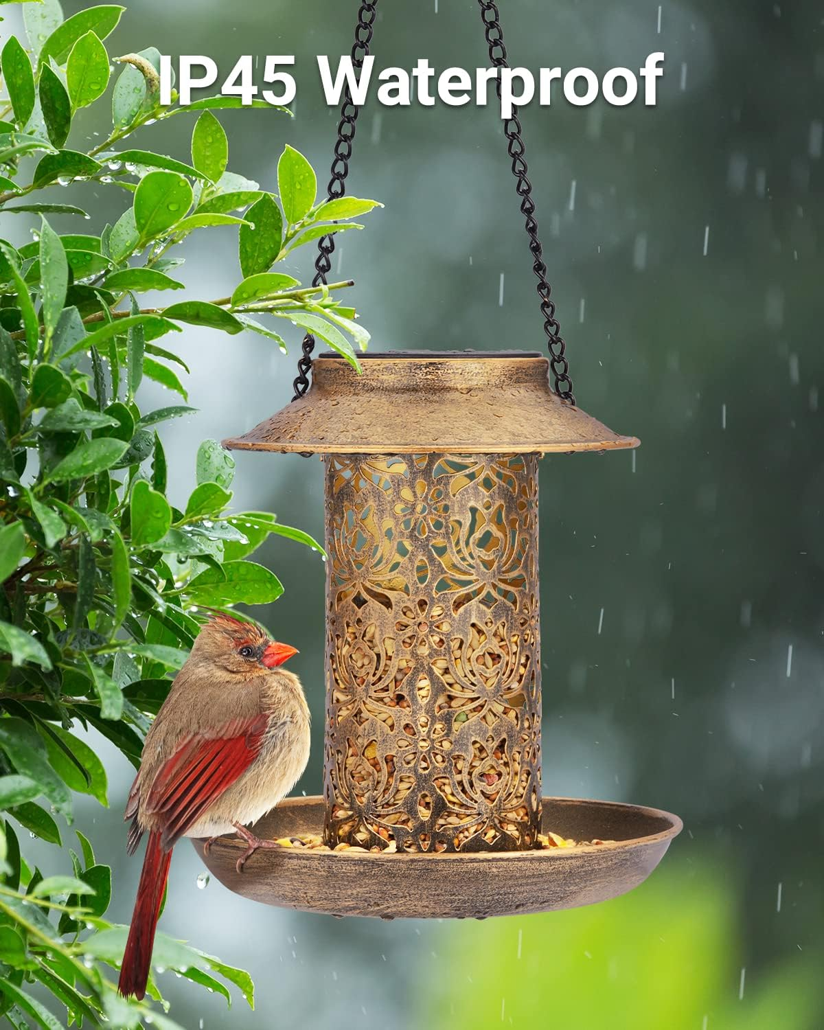 SWEETFULL Solar Bird Feeder for Outdoors Hanging, Metal Wild Bird Feeder for Cardinals Solar Garden Lantern with S Hook as Gift Ideas for Bird Lovers (2Lbs Heavy Duty Weather Resistance Birdfeeders) image number 1