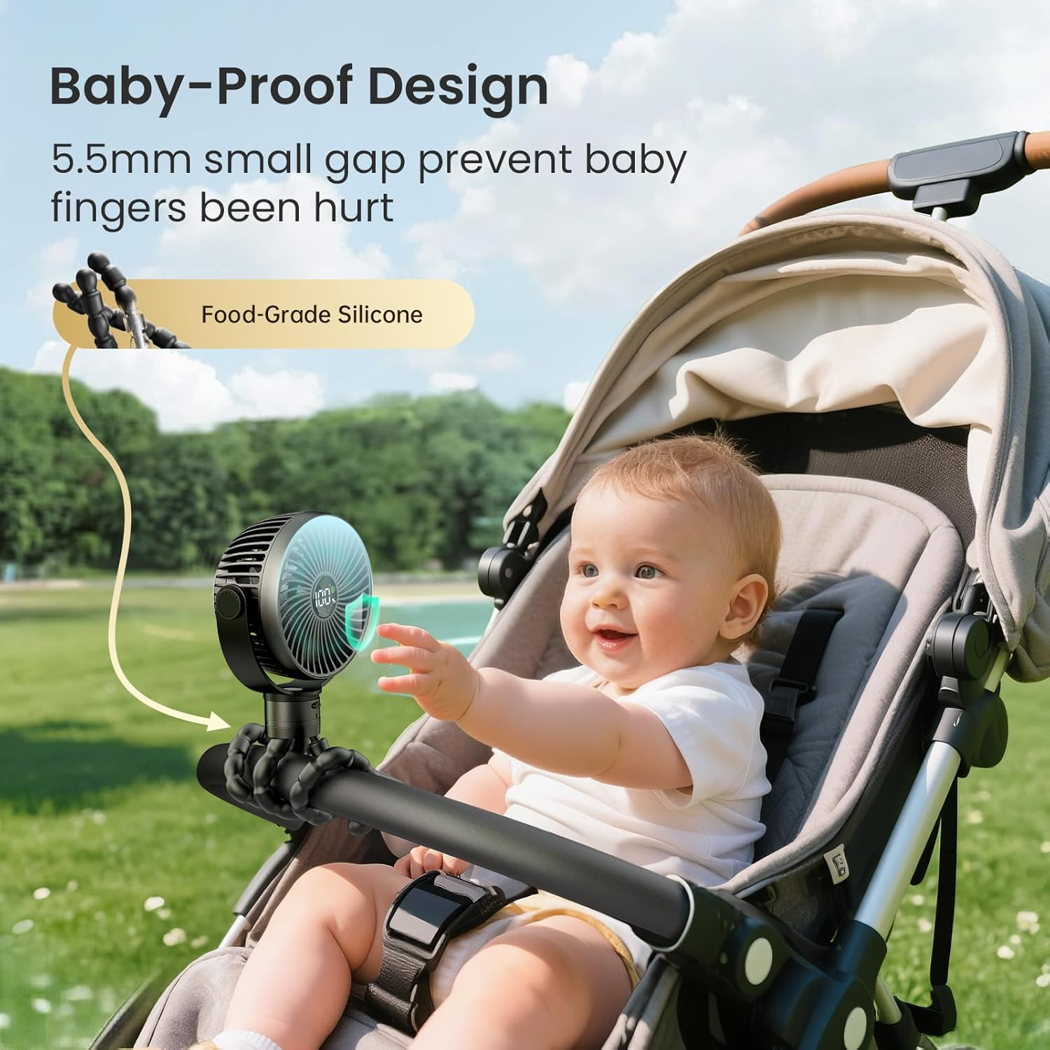 Tripole Portable Pram Fan 4000Mah Rechargeable Stroller Baby Fan 25H Battery Life, Head Detachable Mini Clip on Fans, 4 Speed Personal Desk Fans with Night Light for Car Seat Crib, Black image number 2