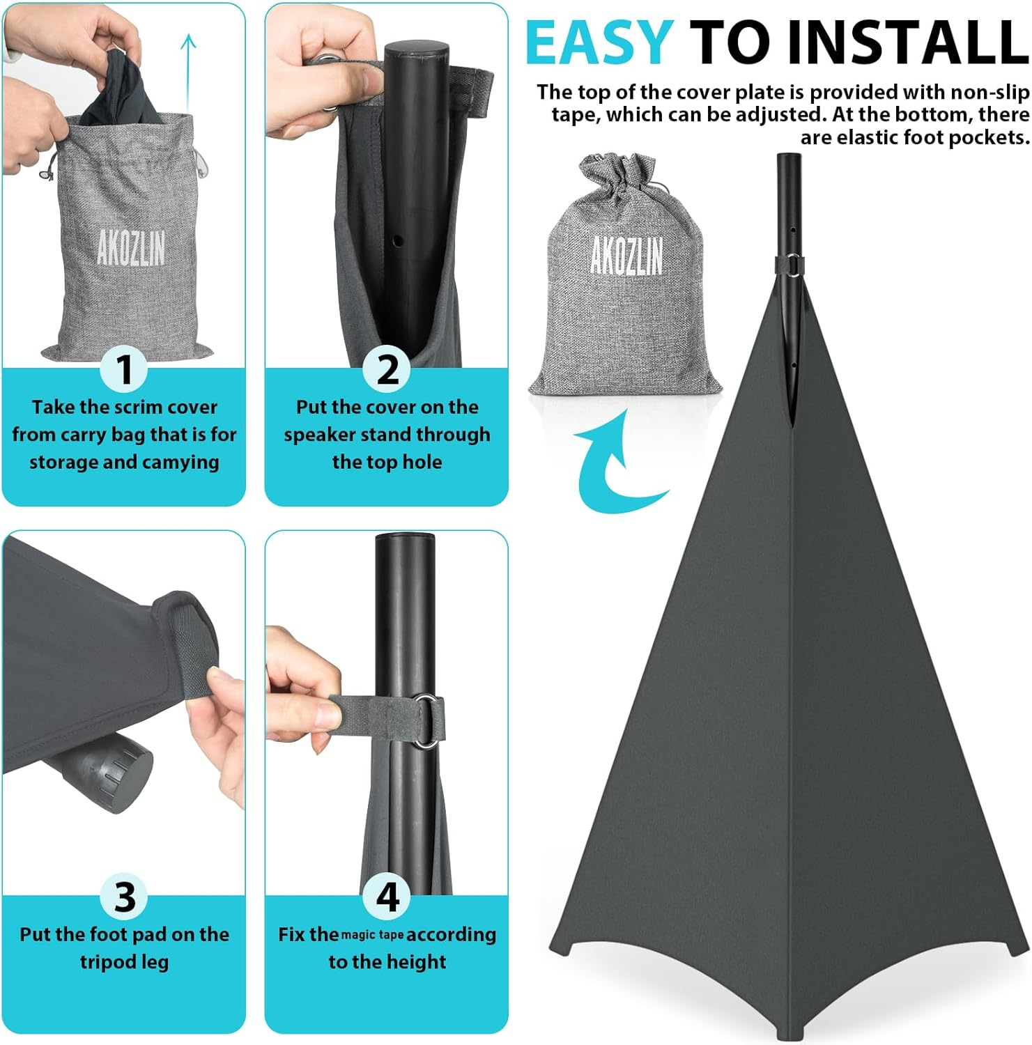 AKOZLIN Speaker Stand Cover with 360 Degree Tripod Stand Skirt Skrim Stretchable Lycra Fabric Covers with Free Storage Bag Two Pack Dark Grey image number 1