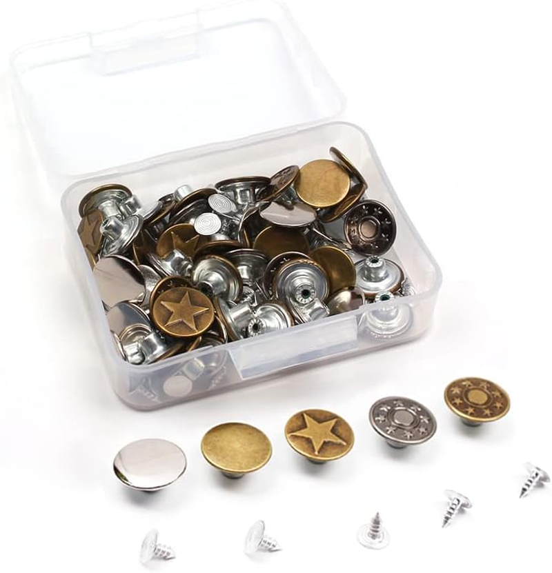 50 Sets Jeans Replacement Buttons, Betterjonny 17Mm Metal Buttons for Jeans Detachable Adjustable Jean Button Replacement with Plastic Storage Case for Jeans, Jackets, Shoe Caps (5 Types, 10 Each) image number 1