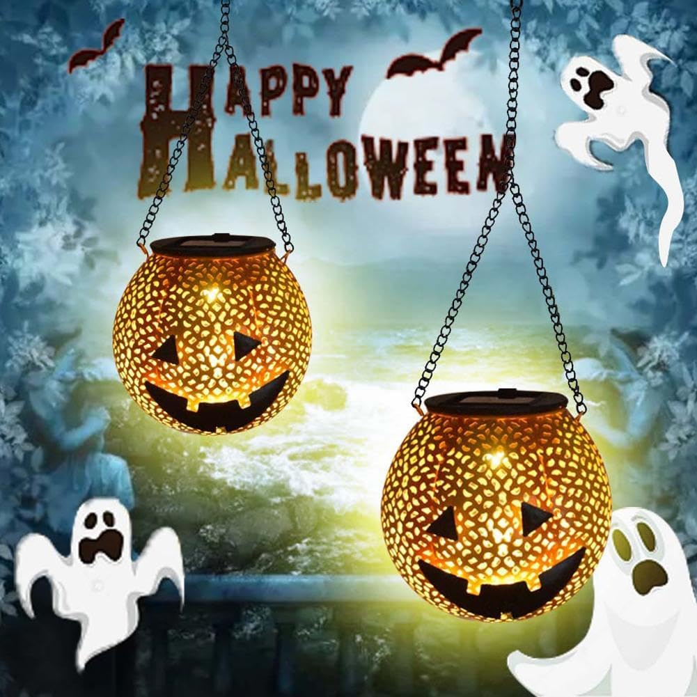 Halloween Decoration Hanging Solar Lantern Outdoor - Solar Powered Pumpkin Led Jack-O Lights, Waterproof Halloween Decor Metal round Lantern for Yard, Patio, Pathway, Porch, Lawn, Garden, Outside image number 4