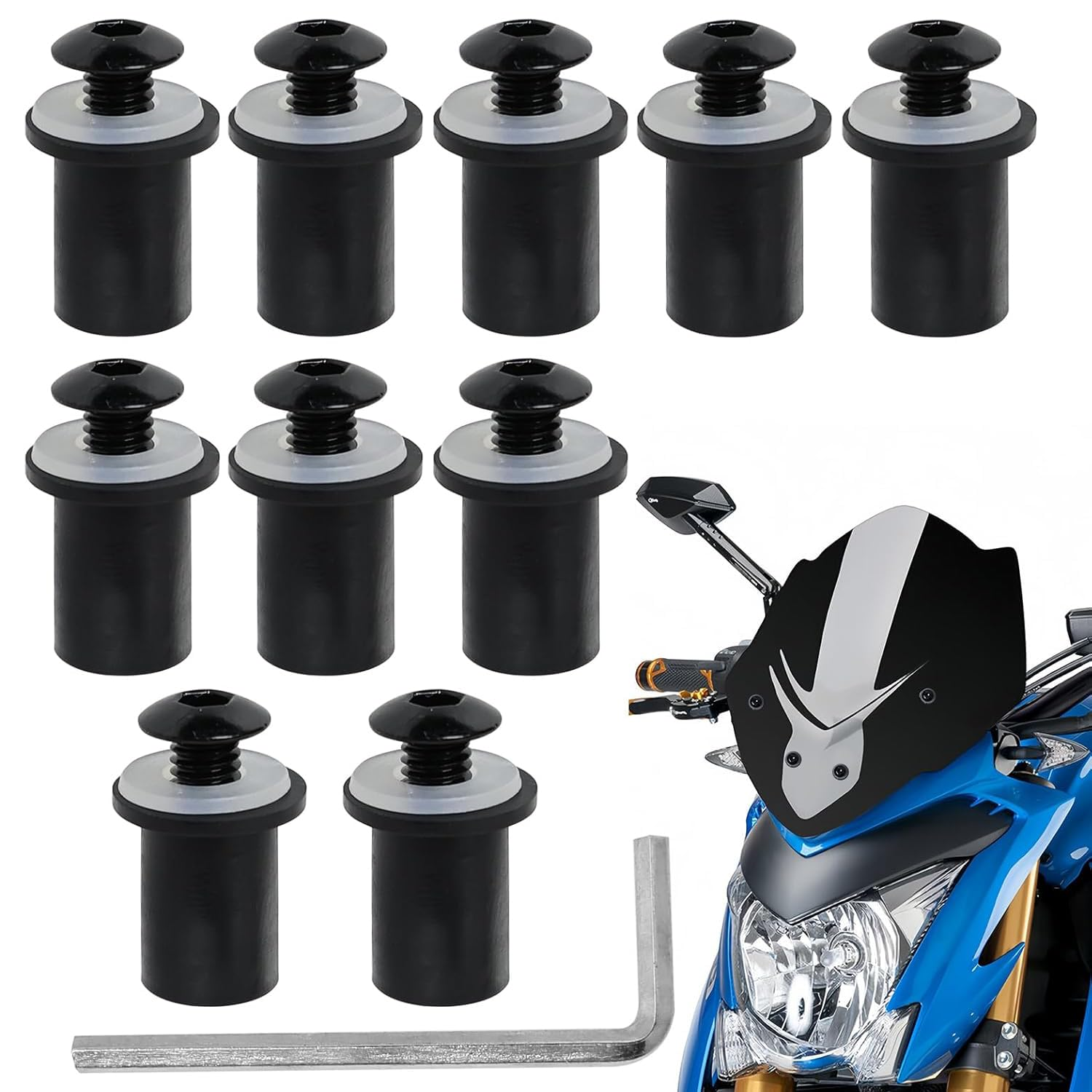 Xinghonyac 10 Pcs Motorcycle Windshield Bolts Screws Kit, Windshield Body Mounting Bolts Nuts for Motorcycle, Aluminum Motorbike Windscreen Screw Bolts Nuts Fastener Kit with Wrench (Black)