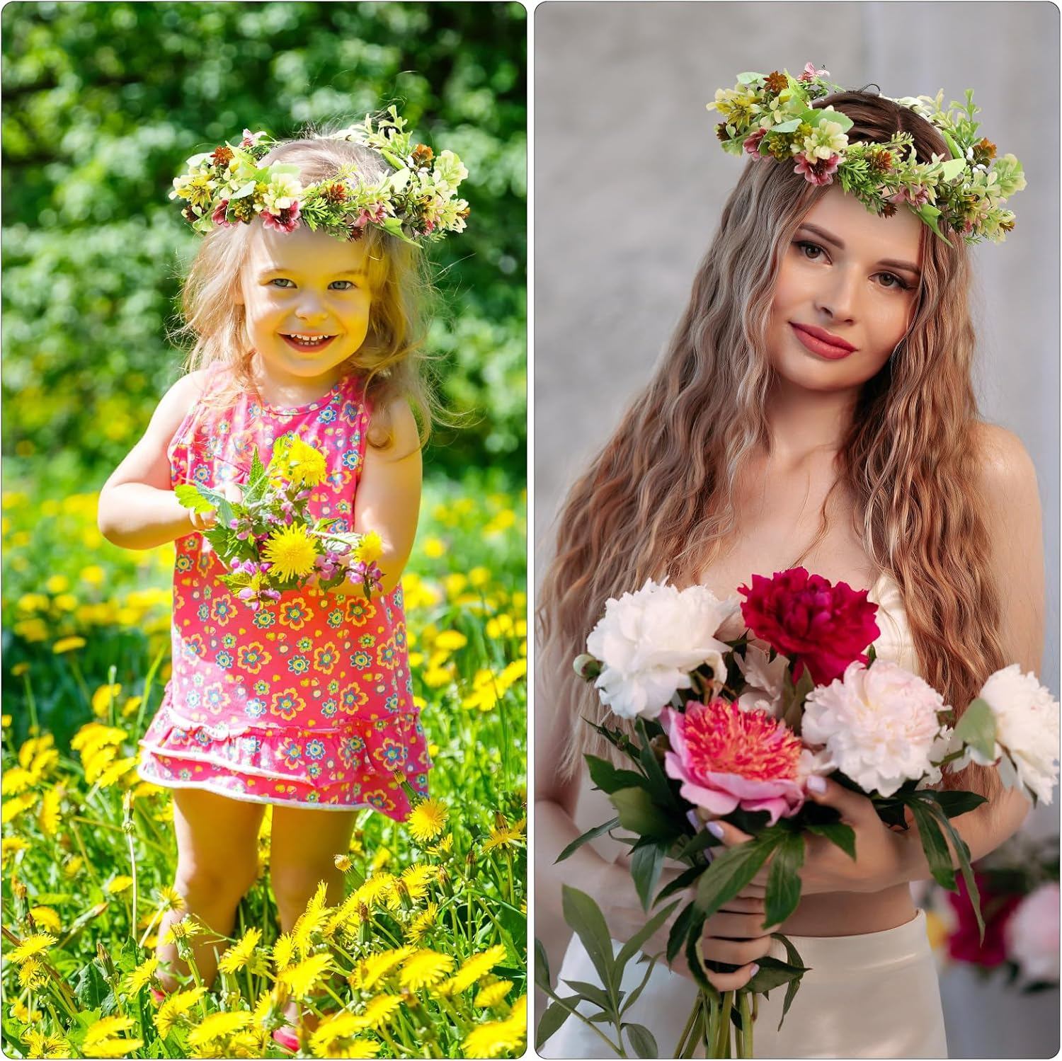 Flower Wreath Hair Headband Set Handmade Autumn Flower Crown with Hair Wreath & Comb for Wedding Bridal Festival Girls Photo Shoot Gift image number 2