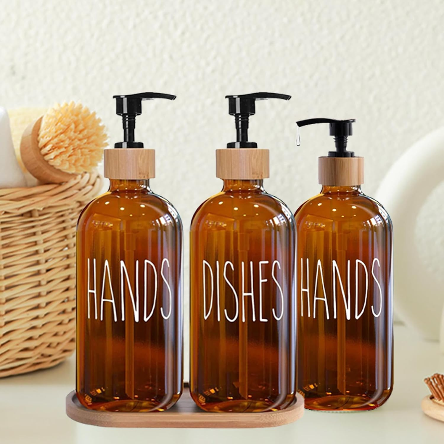 Glass Soap Dispenser Set with Tray,Includes Hand Soap and Dish Soap Dispenser Featuring Pump Durable Leakproof Design Smooth Rounded Nozzle Ideal for Kitchen Sink Home Decor(Coffee) image number 3