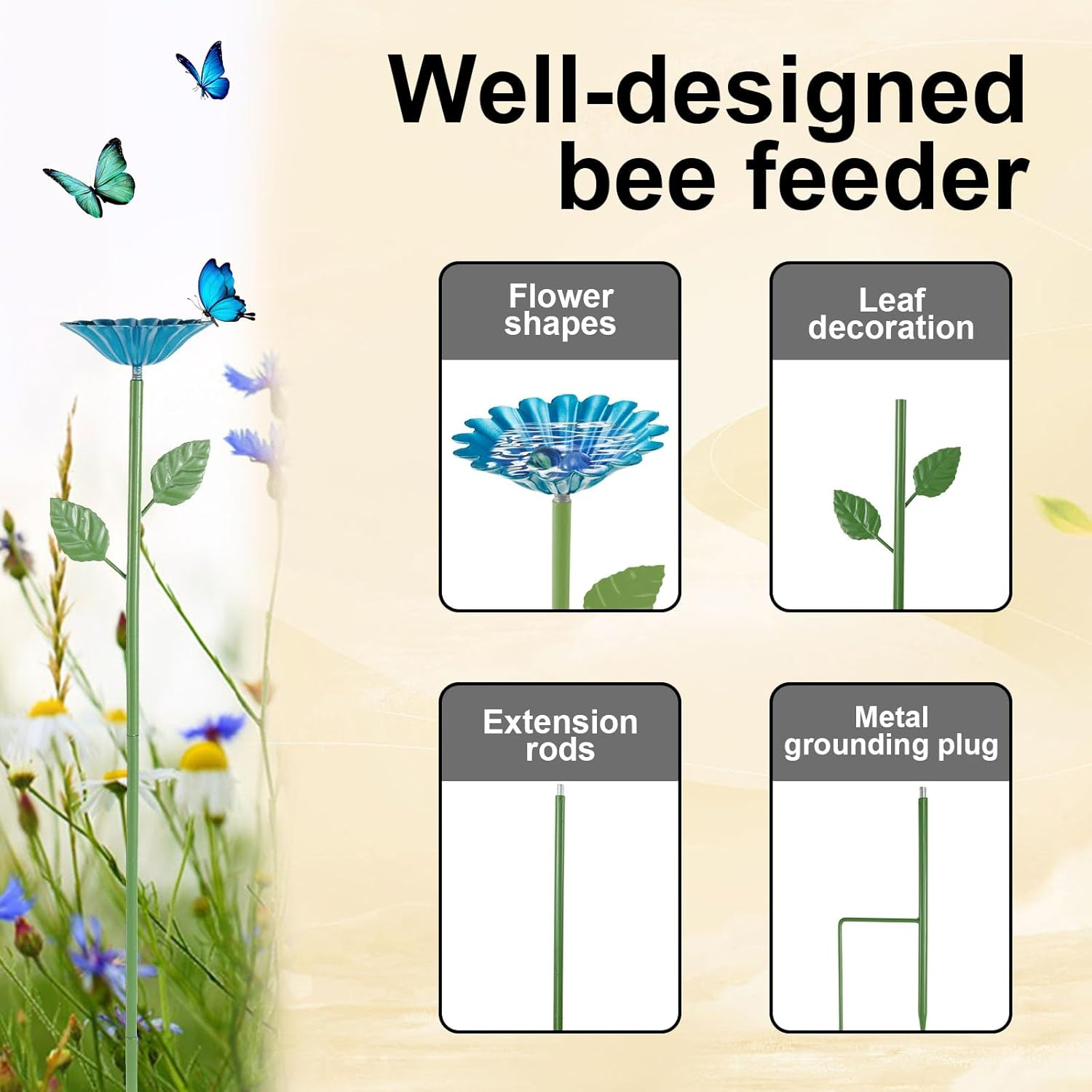 2/4 Pack Bee Watering Station, Iron Bee Water Feeder, with Glass Marble and Flower Design, Butterfly Water Stations, Practical Bird Watering Station, for Outdoor Garden Yard (Style2) - Style2 image number 6