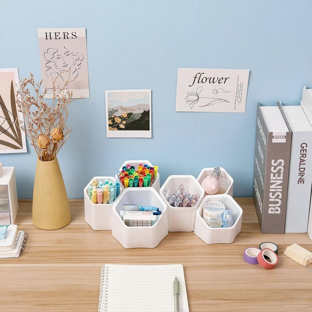 Multifunctional Desk Organizer with 6 Compartments &ndash; Oblique Pen & Makeup Brush Holder, Adhesive Wall-Mounted Pencil Cup for Office, School, Art & Home Use (White) image number 1