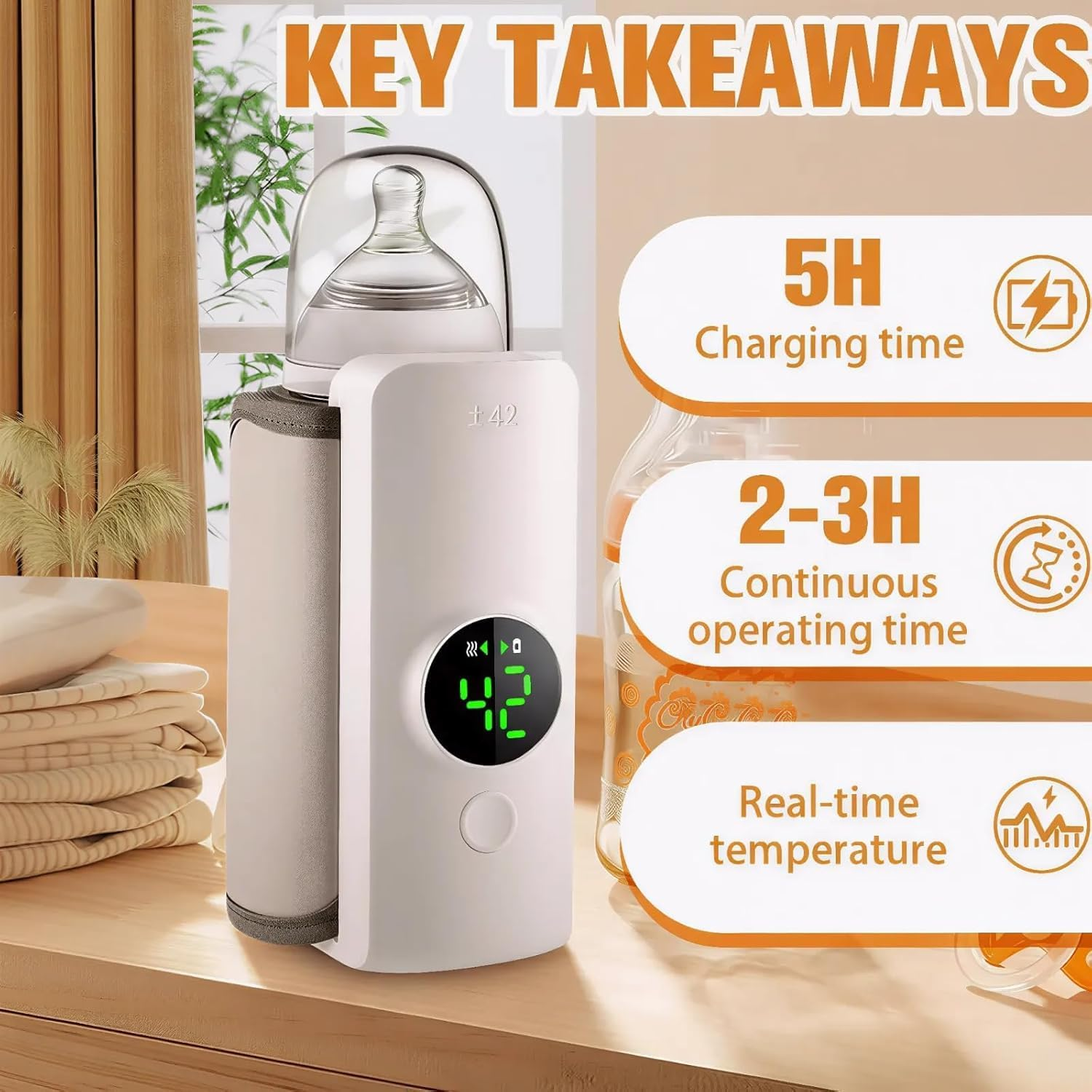 Baby Bottle Warmer, Portable Bottle Warmer with 18W Fast Charging and 6-Speed Temperature Control, 360 Degree Wrap Even Warming