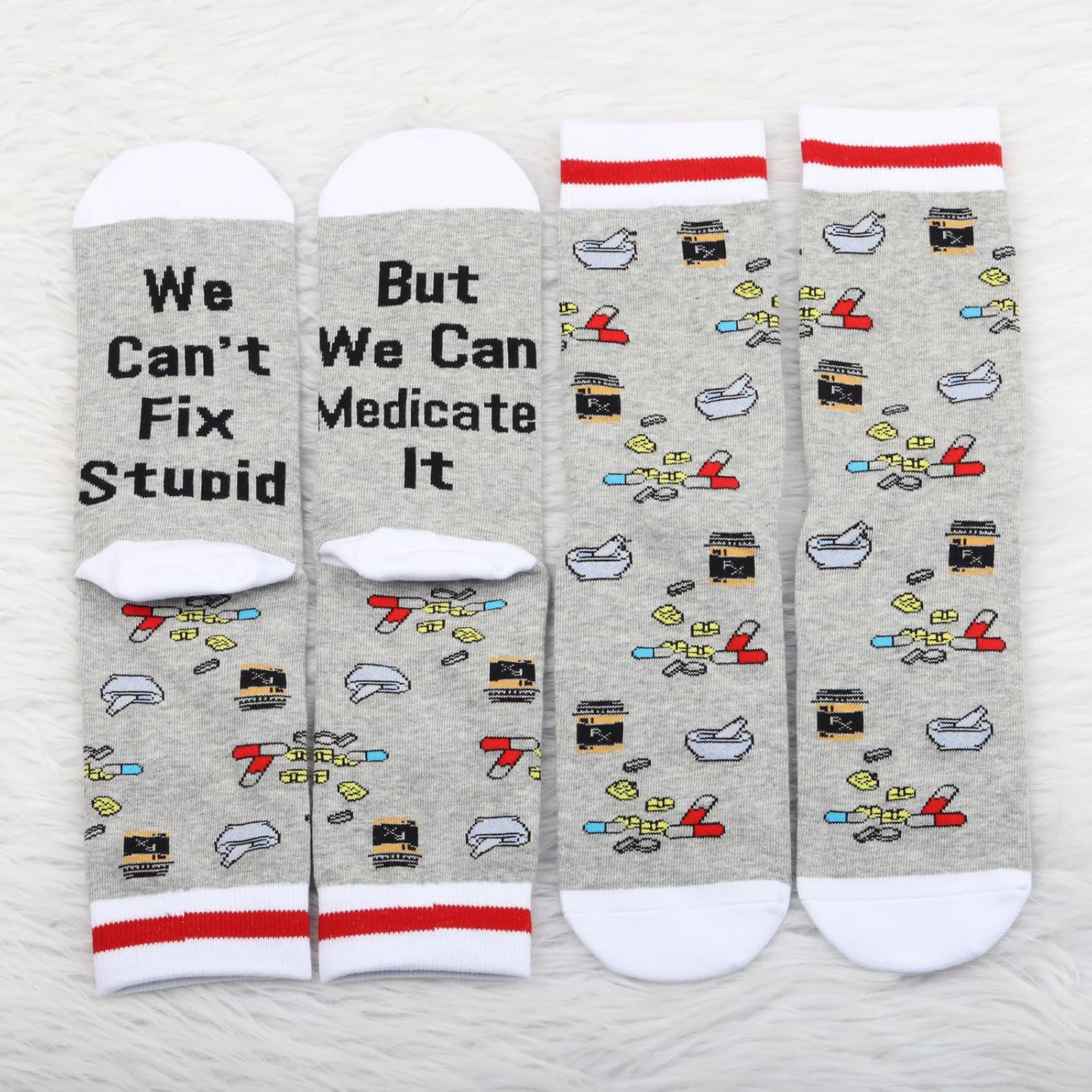 PXTIDY 2 Pairs Pharmacist Socks Pharmacist RX Gift Pharmacy Tech Gift We Can'T Fix Stupid but We Can Medicate It